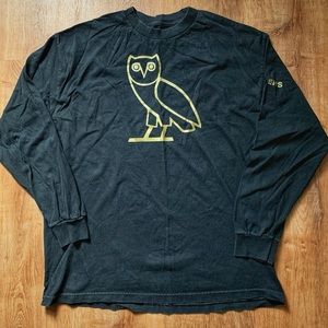 OCTOBER'S VERY OWN OVO DRAKE LONG SLEEVE OWL LOGO TEE SHIRT BLACK GOLD XL